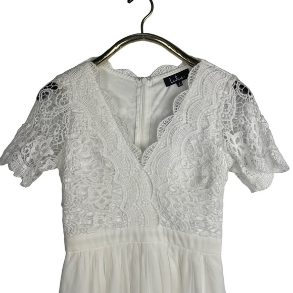 LULUS ANGEL IN DISGUISE FLORAL LACE SHORT SLEEVE CHIFFON SKIRT SKATER DRESS - Picture 6 of 13